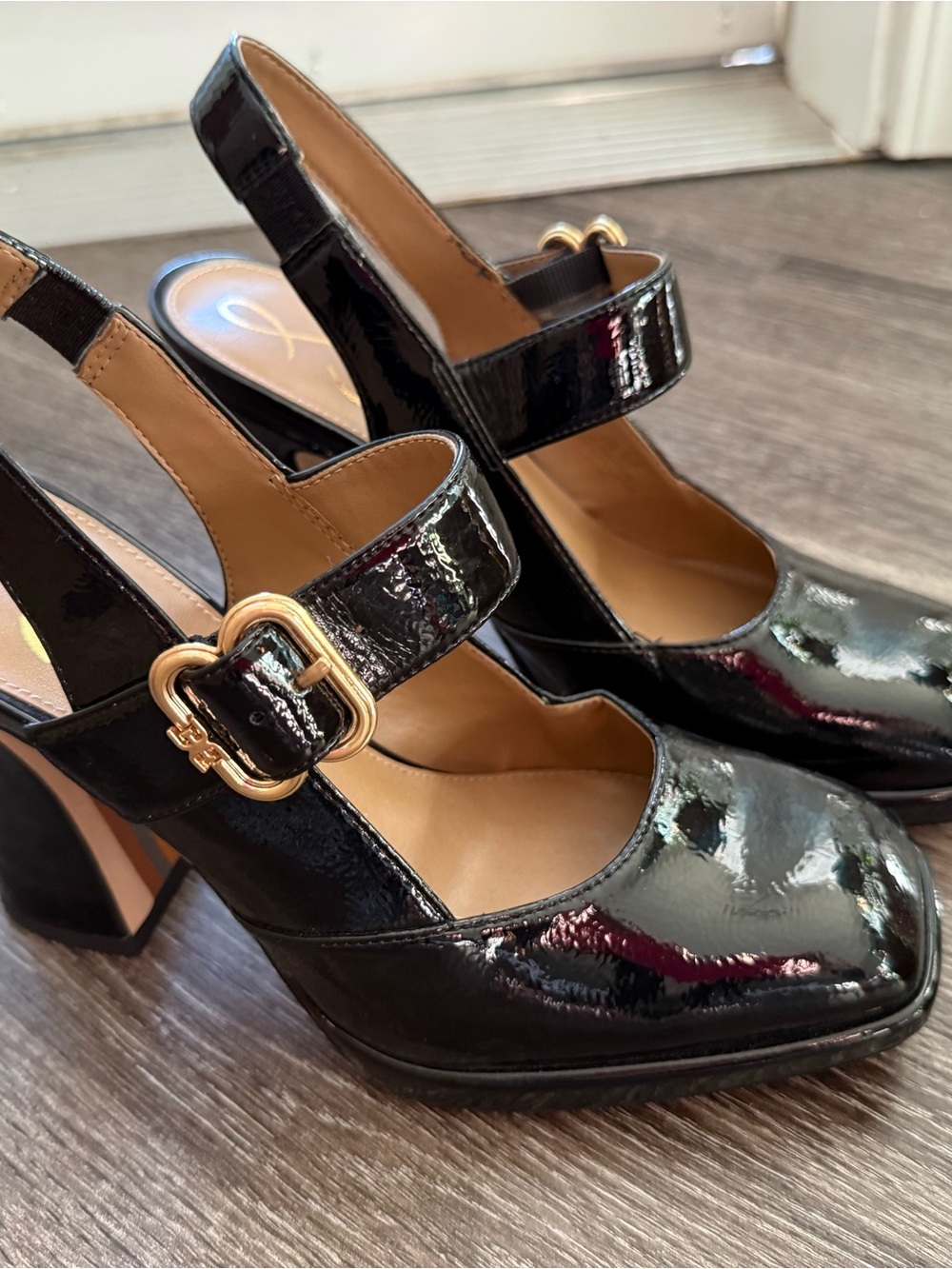 NWOT Sam Edelman Black Patent Mary Jane Slingback Heels with Gold Buckle